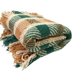 Boho Checkered Throw Blanket with Fringe in Blue and White